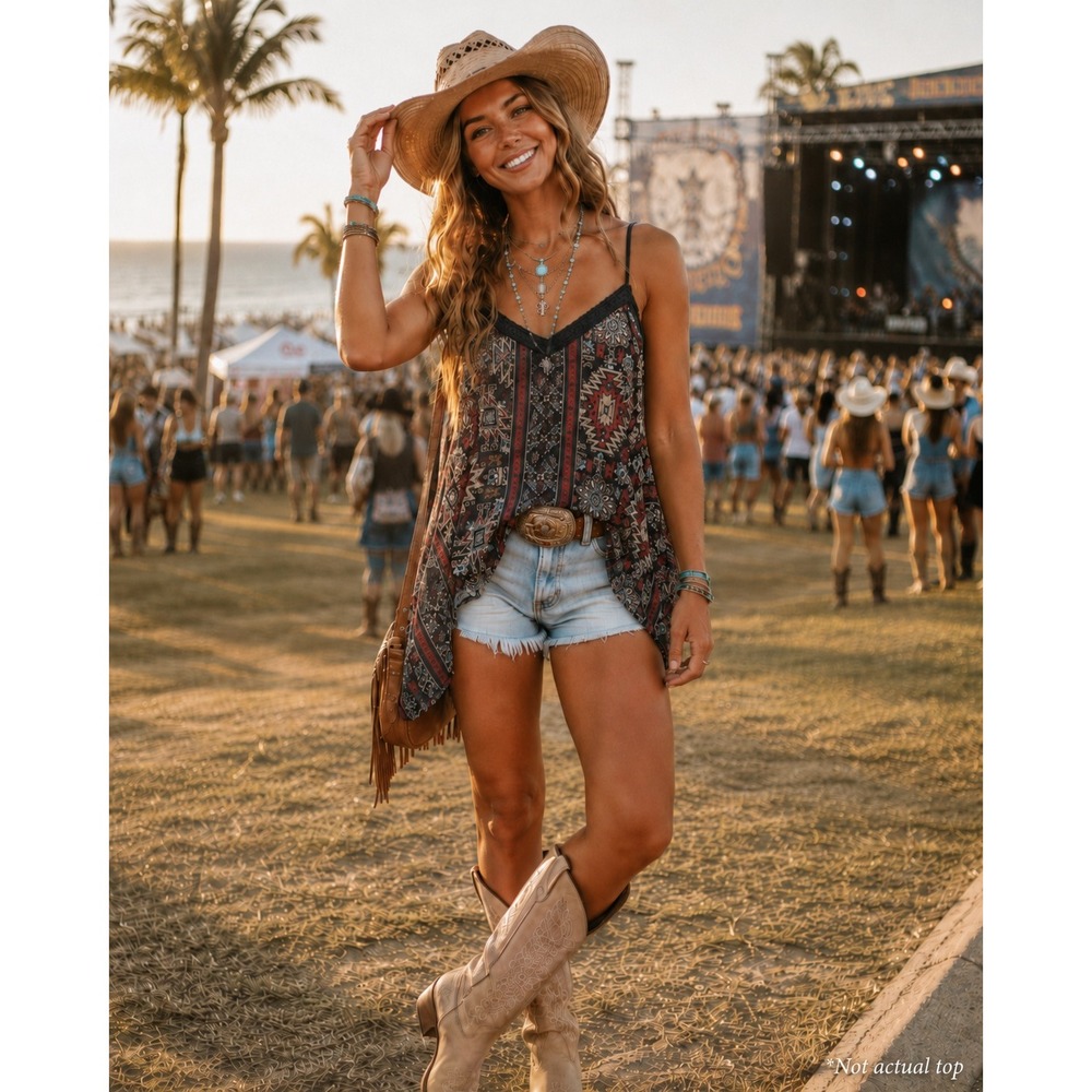 Womens‎ Coastal Cowgirl Tribal Lace Trim Sheer Cami Large Shark Bite Hem Boho